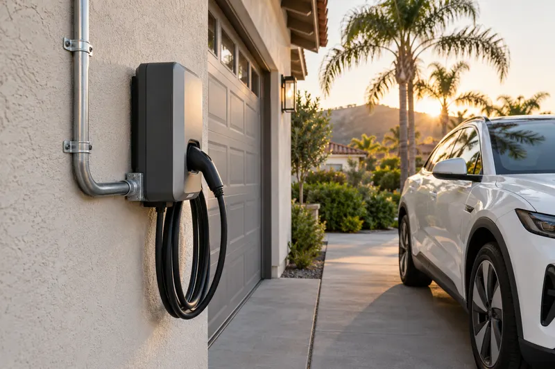 A weatherproof EV charger on a stucco wall beside a driveway with an electric car parked