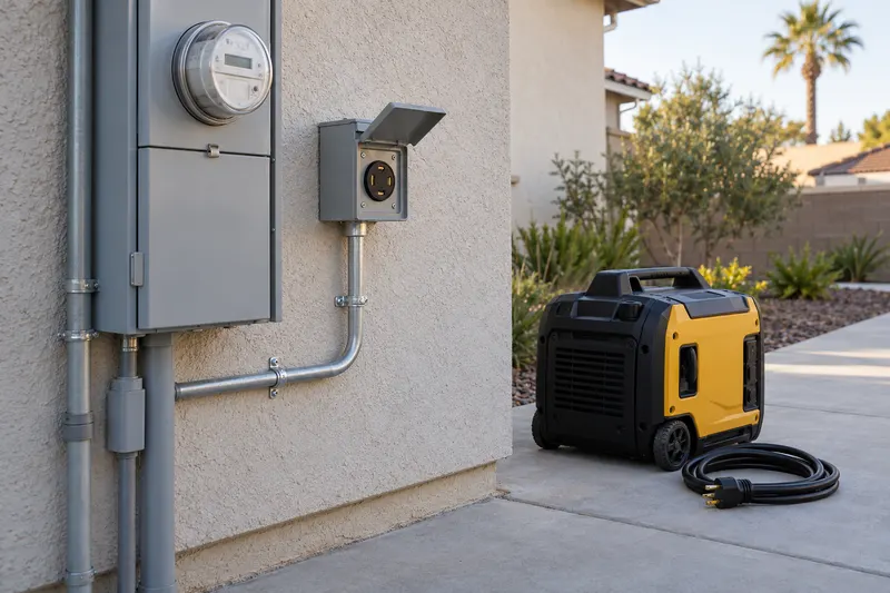 A generator inlet box on a stucco wall near the meter with a portable generator on the patio