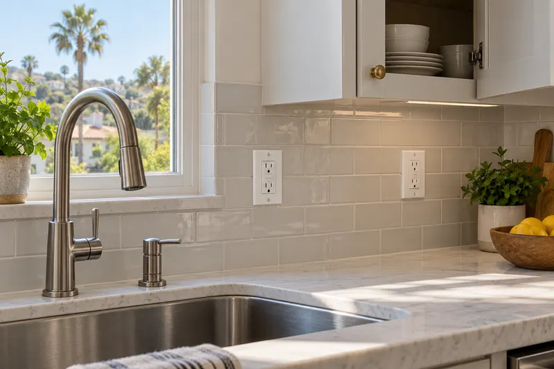 Two white GFCI outlets with test and reset buttons beside a kitchen sink