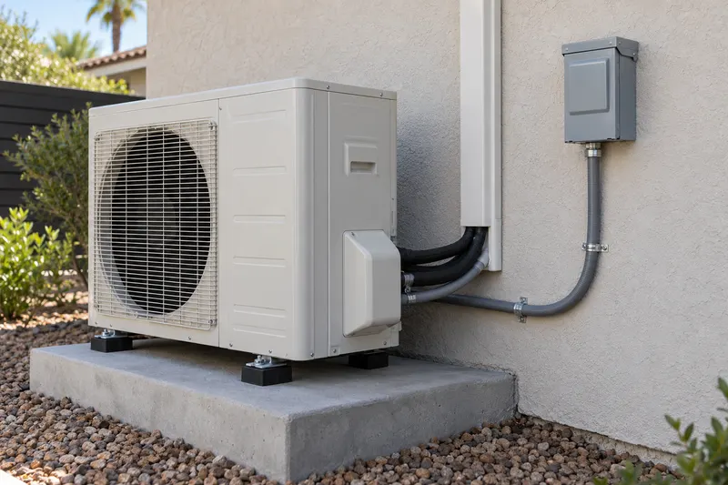 A mini-split heat pump outdoor unit on a pad with a disconnect box and flexible conduit