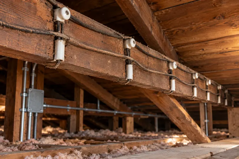 Old knob-and-tube wiring with porcelain knobs and cloth-covered wires along attic joists