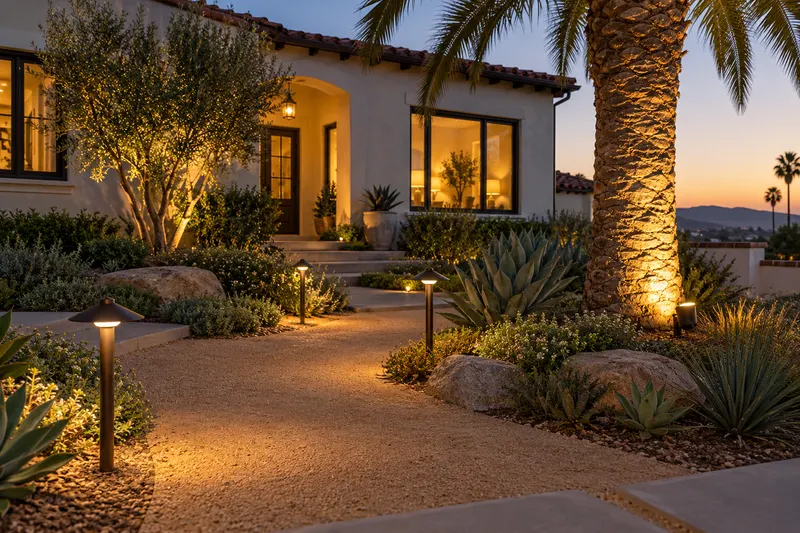 Landscape path lights and an up-light on a palm tree at dusk in a front yard