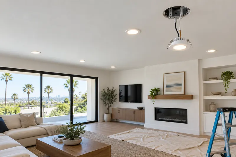 Recessed LED can lights in a living room ceiling during a remodel