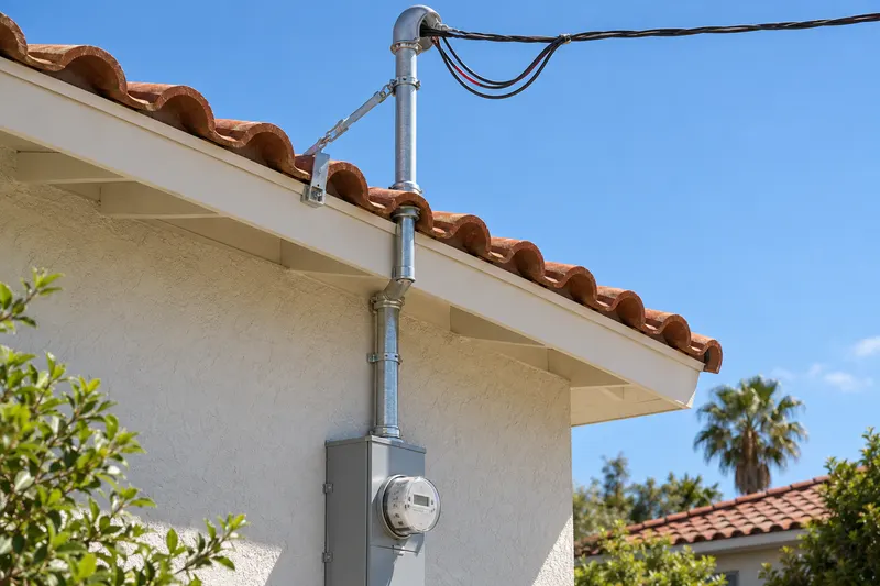 A service mast and weatherhead rising from a meter past a tile roof edge