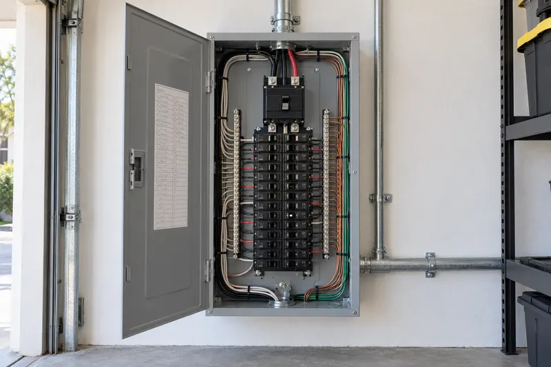 A 200-amp main breaker panel with its door open, showing two columns of breakers, a main breaker and a circuit directory