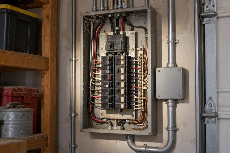 An older gray breaker panel with its cover off in a garage, lit by a flashlight
