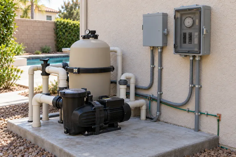 Pool equipment on a concrete pad with a weatherproof disconnect and conduit on a stucco wall