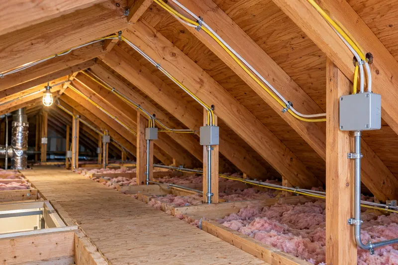 New cable run through drilled attic joists with junction boxes during a rewire