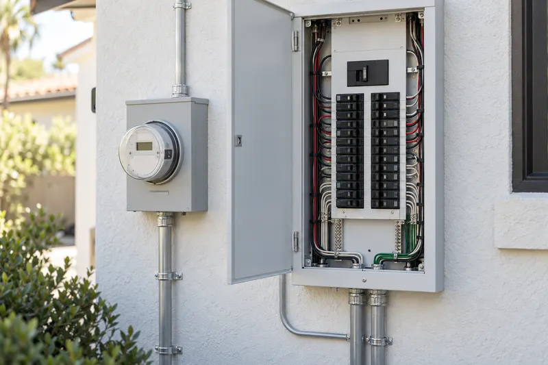 A smart electrical panel with its dead-front open on a stucco wall beside a meter