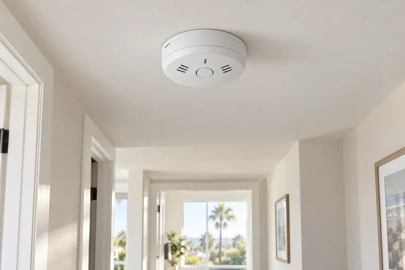 A smoke and carbon monoxide alarm on a hallway ceiling