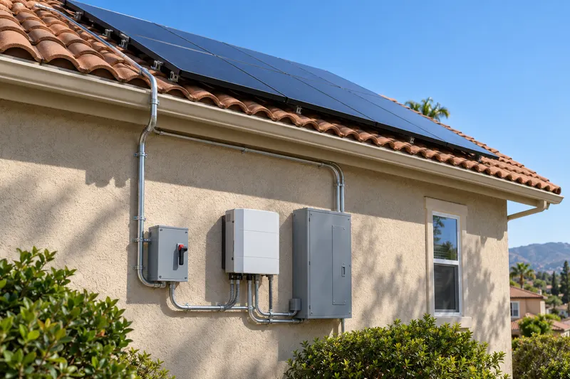 A tile-roof home with rooftop solar panels and a disconnect and inverter on the side wall