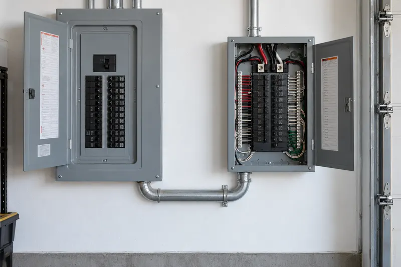 A garage subpanel beside a main panel, joined by a conduit feeder