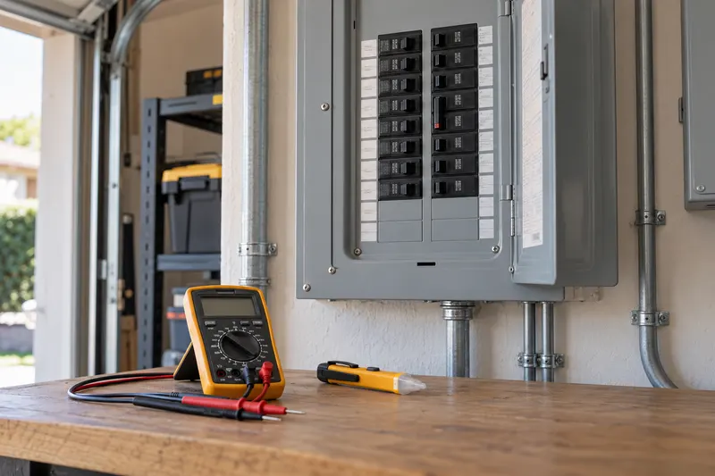 A multimeter and a voltage tester in front of an open breaker panel with one tripped breaker