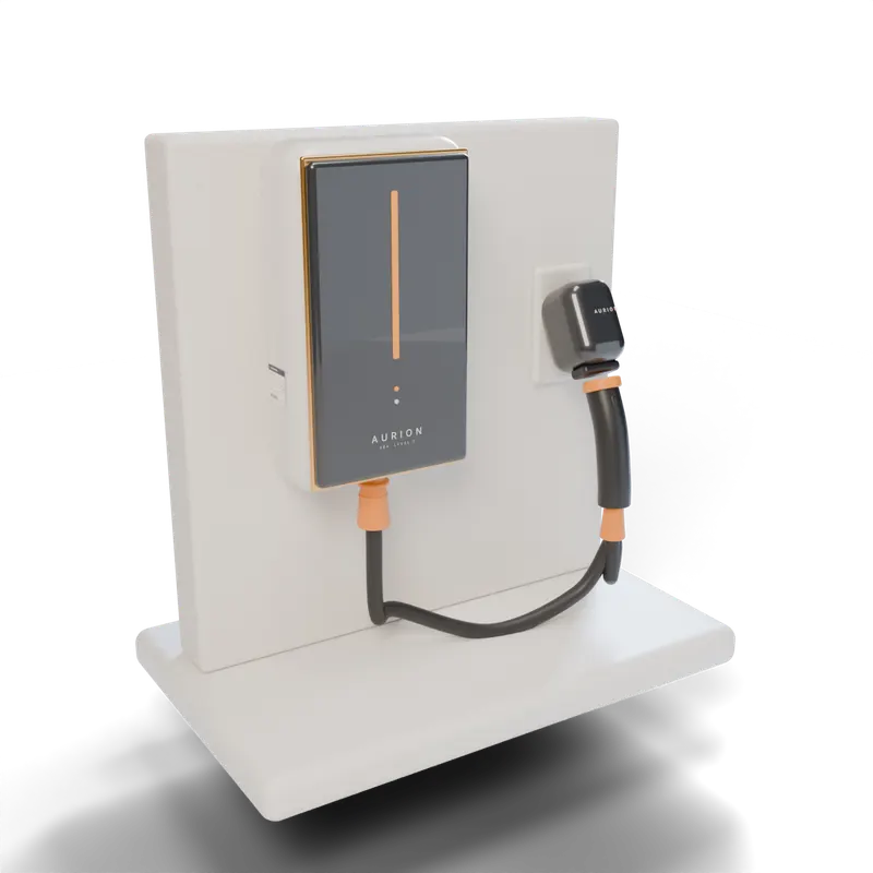 A white wall-mounted EV charger with a coiled cable