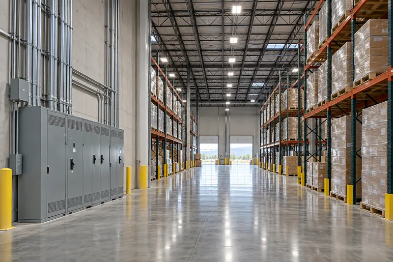A warehouse aisle between pallet racking under LED high-bay lights, with a gray switchgear cabinet and metal conduit on the left wall and dock doors at the far end